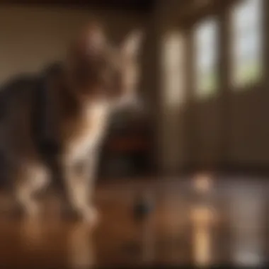 A cat engaging playfully with a laser pointer beam