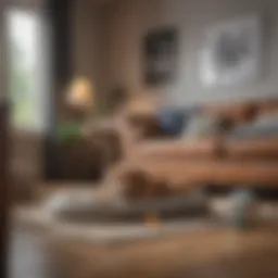 A cozy living room with a dog bed and toys