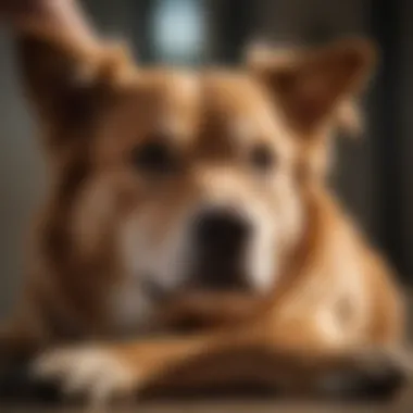 An owner gently massaging their dog's abdomen for relief.