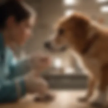 A veterinarian examining a dog in a clinical setting.