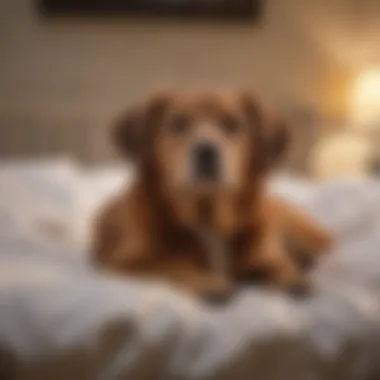 A serene older dog resting on a soft bed, looking content