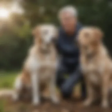 A gentle training session between a pet owner and an older dog