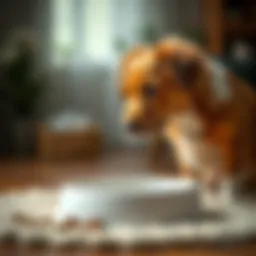 A concerned dog looking at its empty food bowl