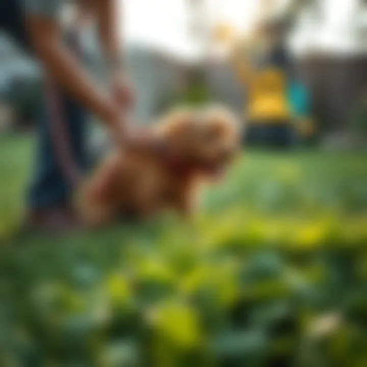Pet owner applying treatments to a damaged lawn