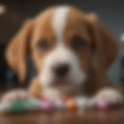 A playful puppy with a pill in its mouth, looking curious