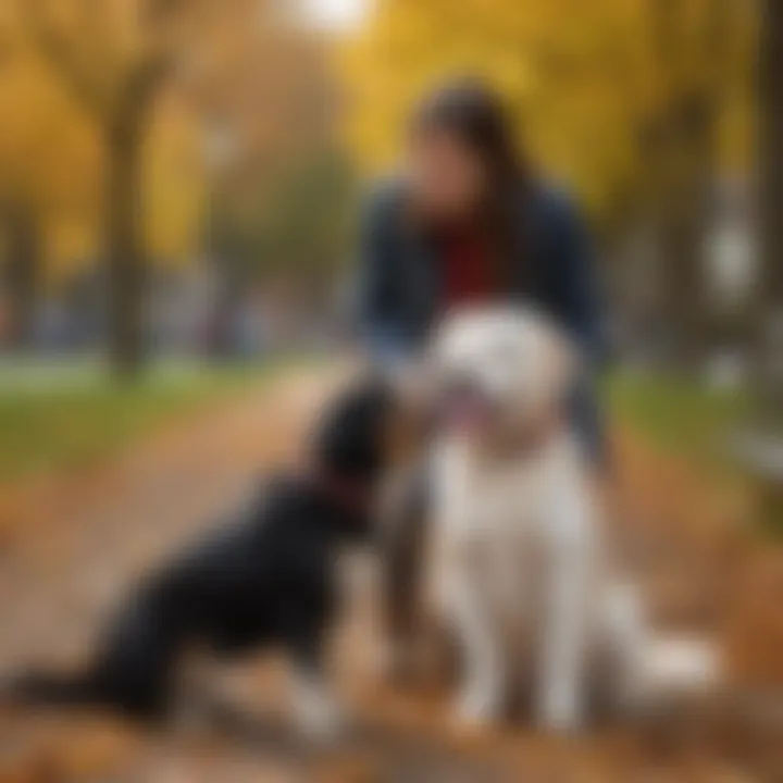 A joyful therapy dog engaging with a child in a park