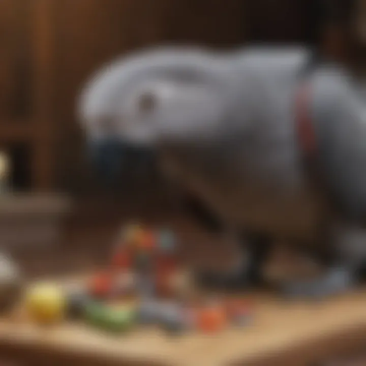 African Grey Parrot owner providing mental stimulation through puzzle toys