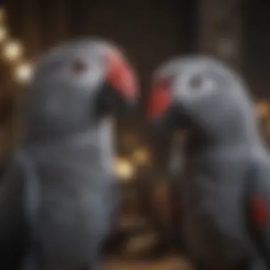 African Grey Parrot pair engaged in playful interaction