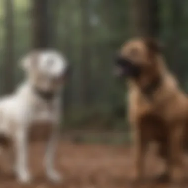 Two dogs showing assertive body language during a standoff