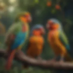 Colorful pet birds perched on a branch