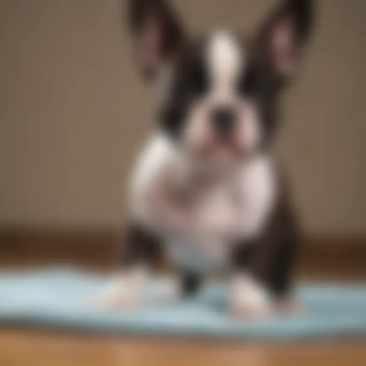 Applying a diaper to a Boston Terrier puppy