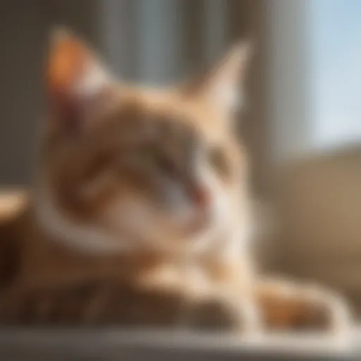 Cat with patchy fur lying on a sunny windowsill