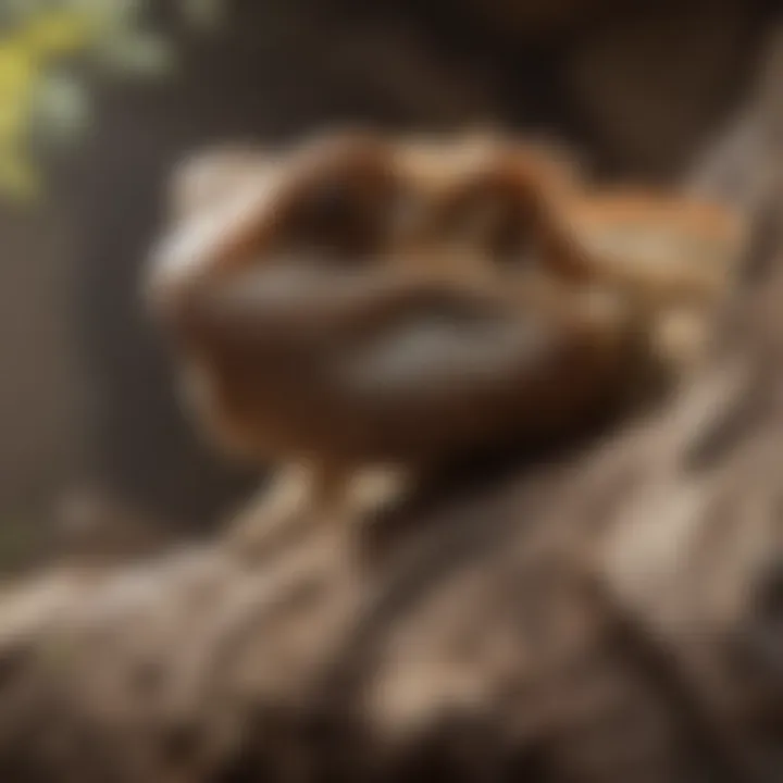 Adult bearded dragon peeking out from a cozy hiding spot