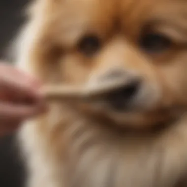 Close-up of a slicker brush removing loose fur from a dog's coat