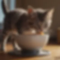 A kitten eagerly eating from a bowl