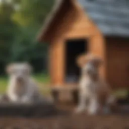 A puppy sitting next to a well-constructed dog house, looking attentive.