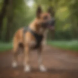 Large dog wearing a no pull harness during a walk