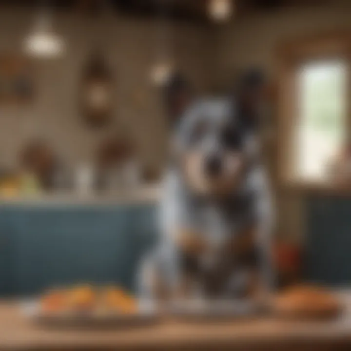 A dog owner measuring food portions for their Blue Heeler, illustrating the significance of feeding schedules and portion control.