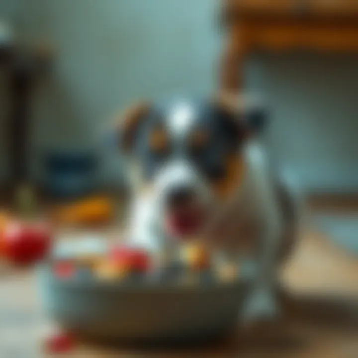 Puppy Exploring Raw Food Options A playful puppy showing curiosity towards a bowl of raw food.