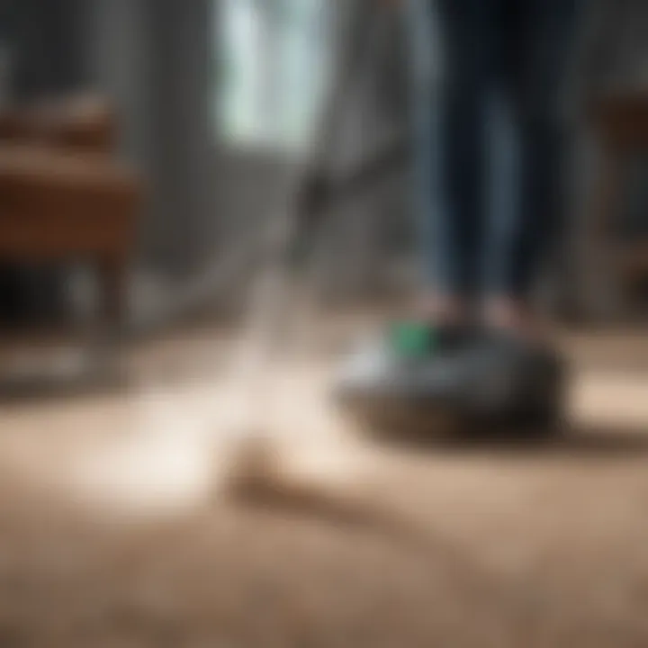 Pet owner using carpet steam cleaner on urine stain