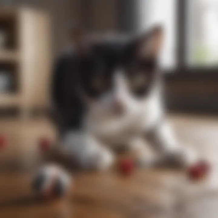 Black and white cat playing with interactive toy