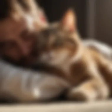 Cat cuddled up with its owner on a lazy afternoon