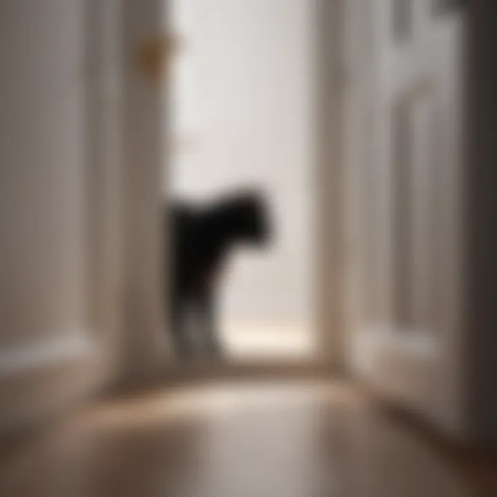 Elegant feline silhouette entering through a sleek cat door