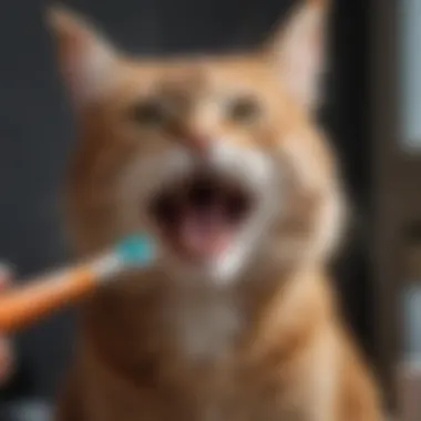 Cat owner brushing cat's teeth