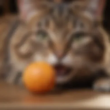 Close-up of cat's reaction to pop play toy