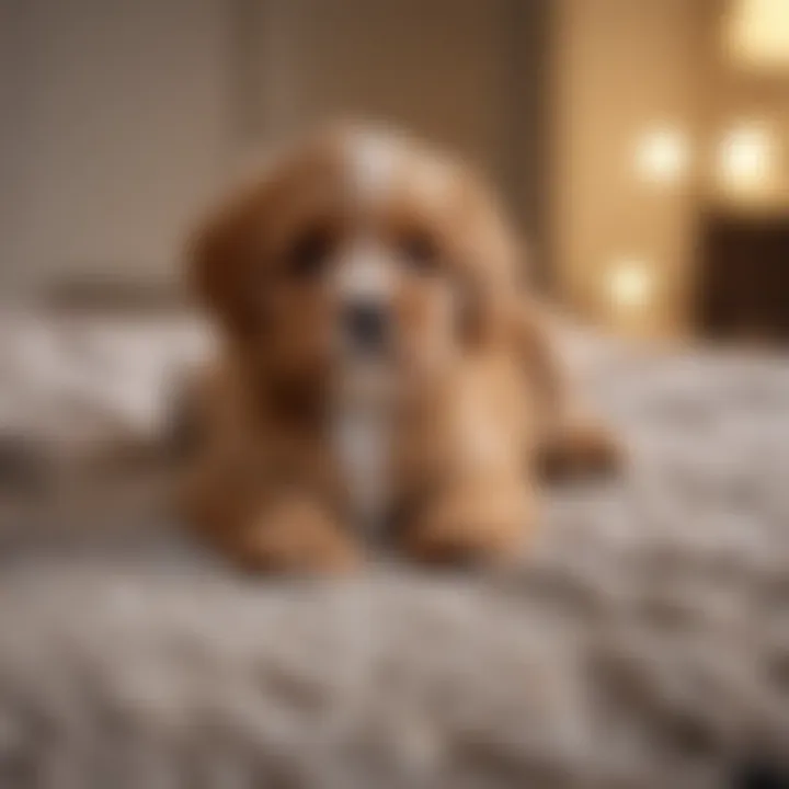 Adorable Cavapoo puppy lounging on a plush rug