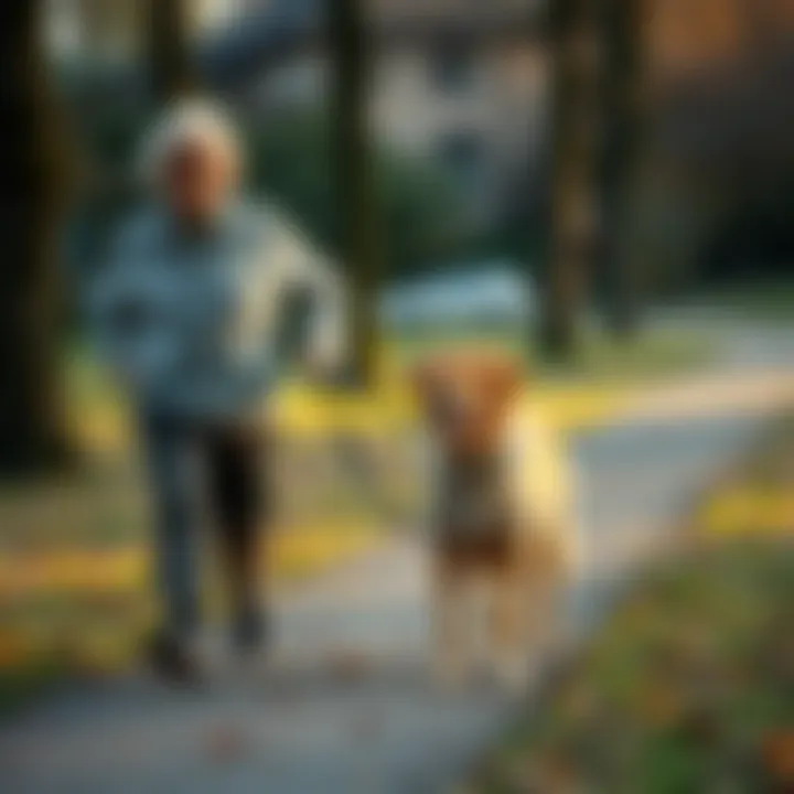 Leisurely Strolls with a Canine Friend An elderly person taking a leisurely walk with a calm dog