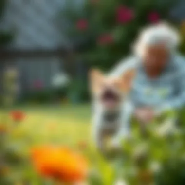 Joyful Moments in the Garden Small dog playing happily in a garden with an elderly owner