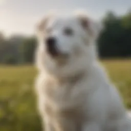 A serene male white dog sitting majestically on a grassy field, showcasing its fluffy coat.