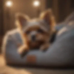 Cozy Yorkie resting in a plush dog bed