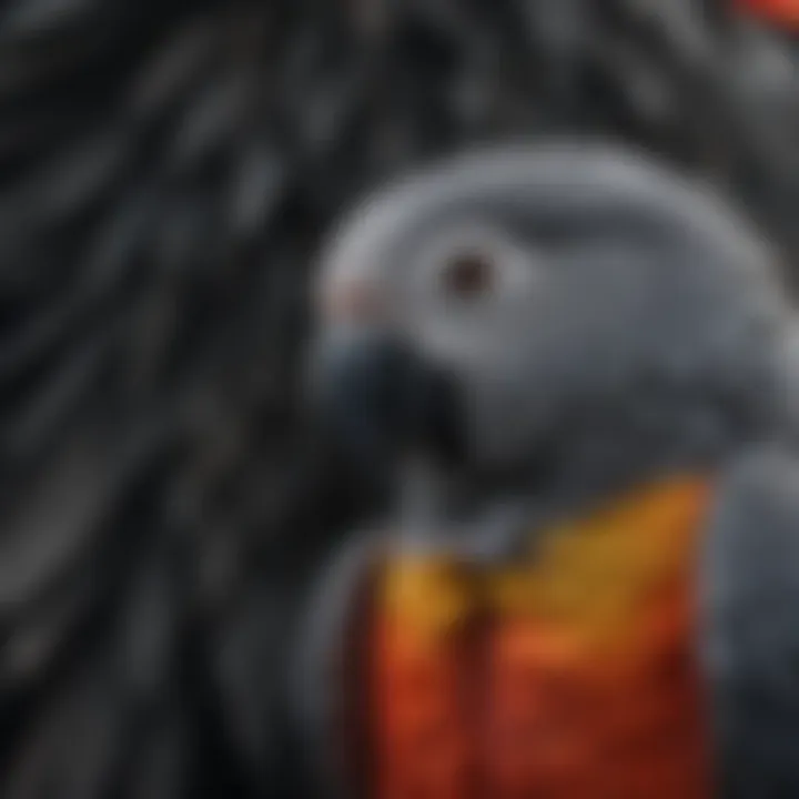 Close-up of African Grey Parrot feathers showcasing vibrant colors