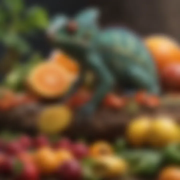 Colorful assortment of fresh fruits and vegetables for veiled chameleon diet