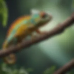 A vibrant chameleon perched on a branch in its natural habitat.