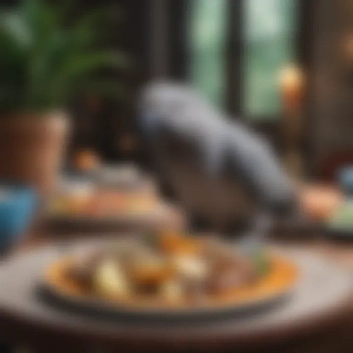 A grey parrot enjoying a diverse meal on a colorful plate