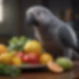 A selection of fresh fruits and vegetables suitable for grey parrots