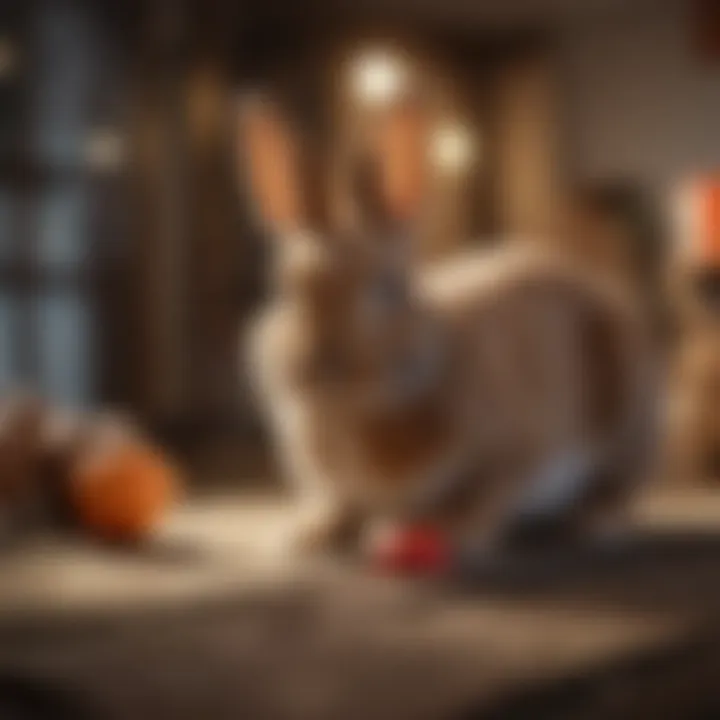 Playful rabbit engaging with interactive toys