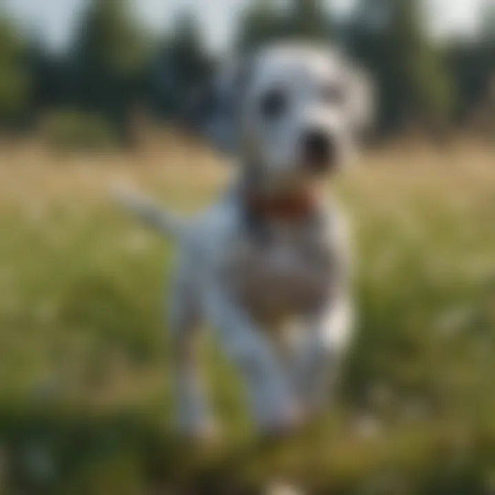 Playful Dalmatian puppy running in a meadow