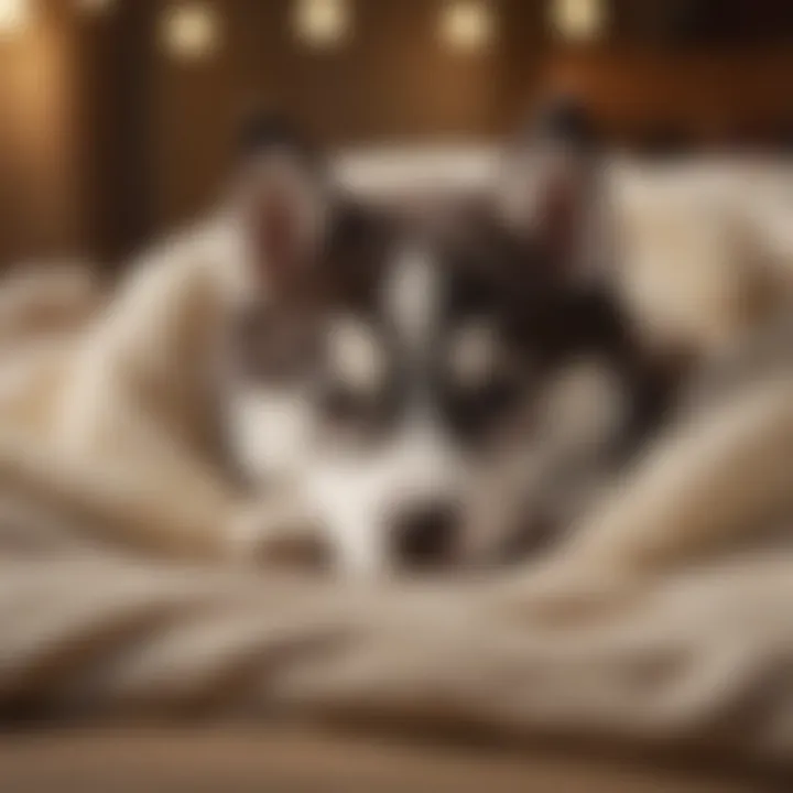 Sleeping Siberian Husky puppy curled up in a cozy bed