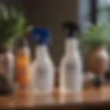 Various pet odor removal spray bottles arranged on a table