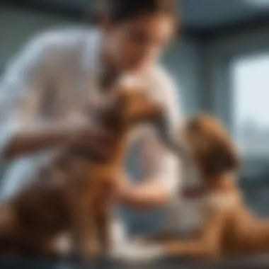 Veterinarian examining a dog with skin lesions