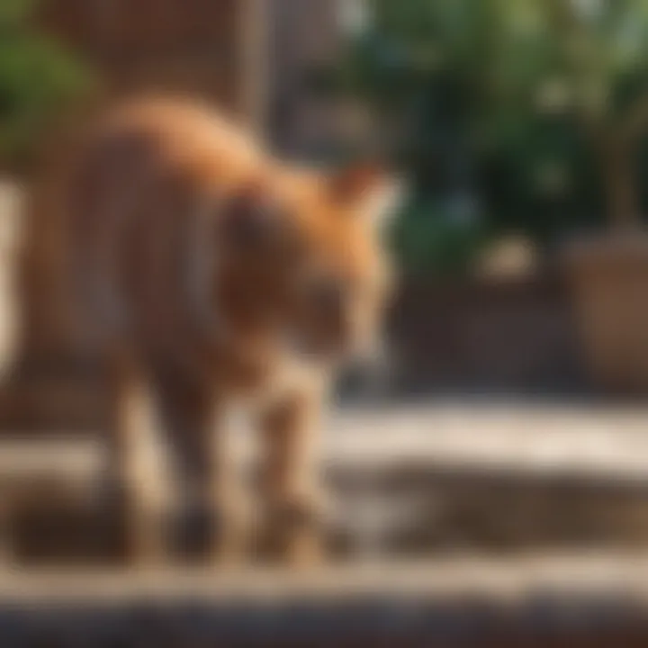 A cat curiously investigating a water fountain