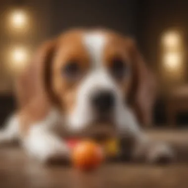 A Beagle happily playing with a toy, demonstrating its energetic personality.