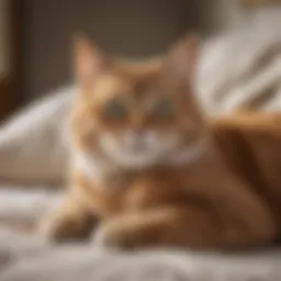 An elderly cat resting comfortably on a soft bed, showcasing signs of arthritis.