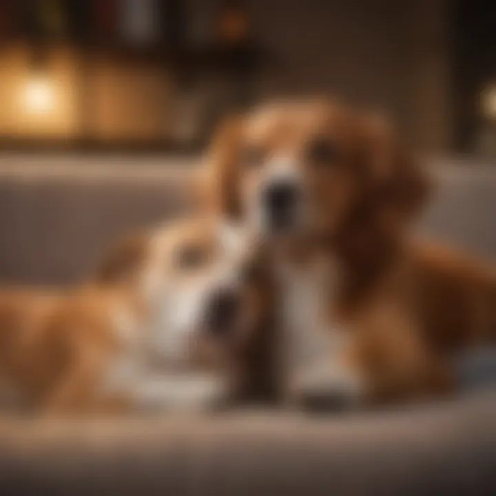 A content dog cuddling with its owner on a cozy couch