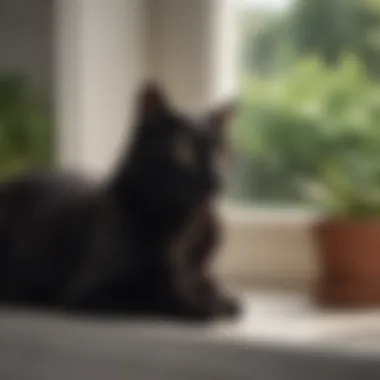 A sleek black cat lounging gracefully on a windowsill, embodying elegance and mystery.