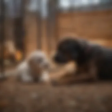 Pet owner interacting with puppy in covered pen